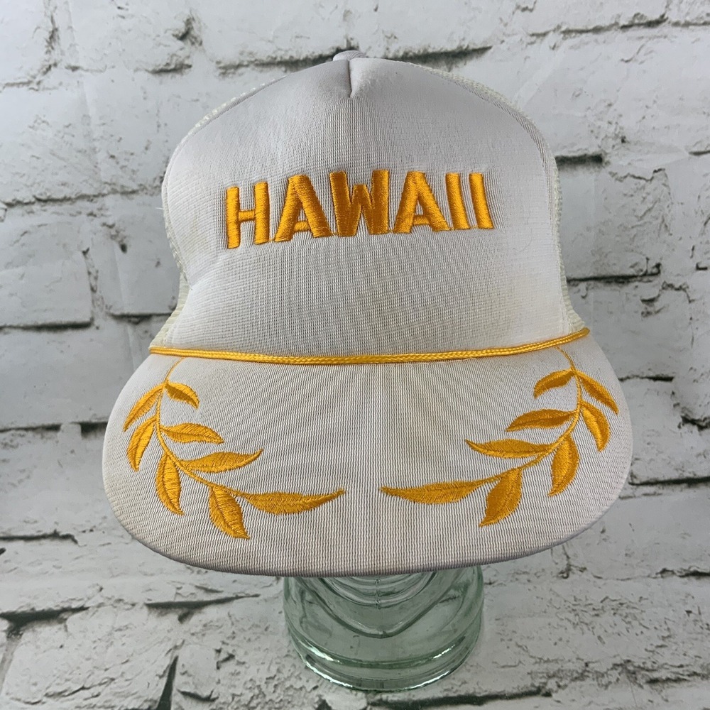 Vintage Hawaii White Trucker Hat Cap‎ Vented Snapback Polyester